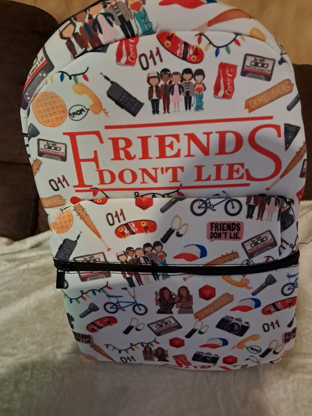 Friends Don't Lie Graphic Backpack - White with Red Print